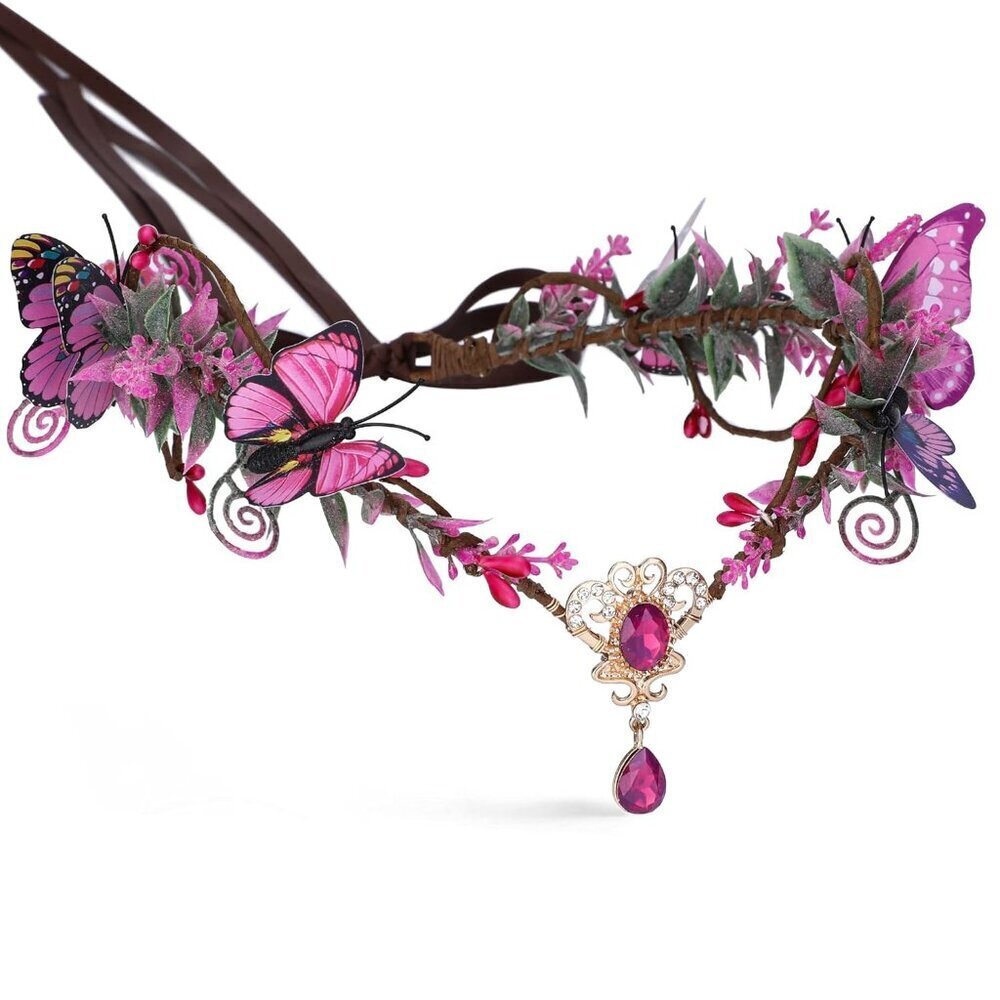 Fairy Butterfly Crown Elf Headpiece Floral Tiara for Women Girls Costumes
